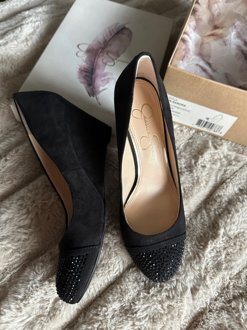 Jessica Simpson Black Suede Wedge Pumps with Sparkling Toe